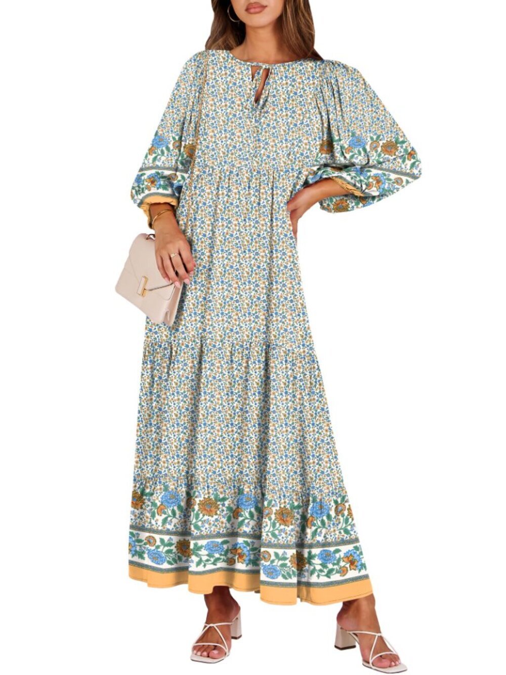 🆕 Womens Boho Maxi Dresses Summer V Neck Puff Sleeve Floral Flowy Swing Fall - Picture 6 of 6